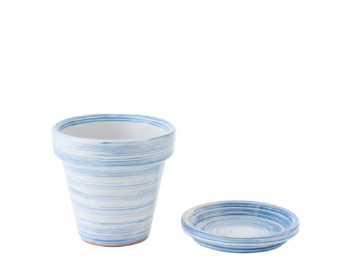 Bloempot Reennor keramiek blauw met schotel, gestreept design voor binnen, H19 cm