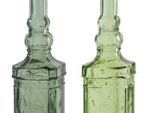 Klennas glazen woonaccessoires set van 2 in groen, rechthoekige flessen met decoratieve details en kurkstopper