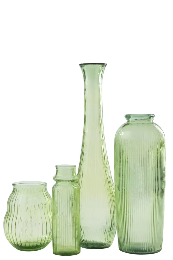 Set van groene glazen vazen, inclusief vloervaas Karen H72 cm, slank en gestreept design