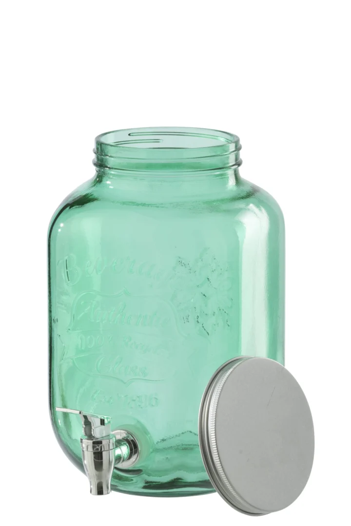 Woonaccessoire Stakella groen glas met kraantje en metalen deksel, stijlvol en compact voor keuken of bar