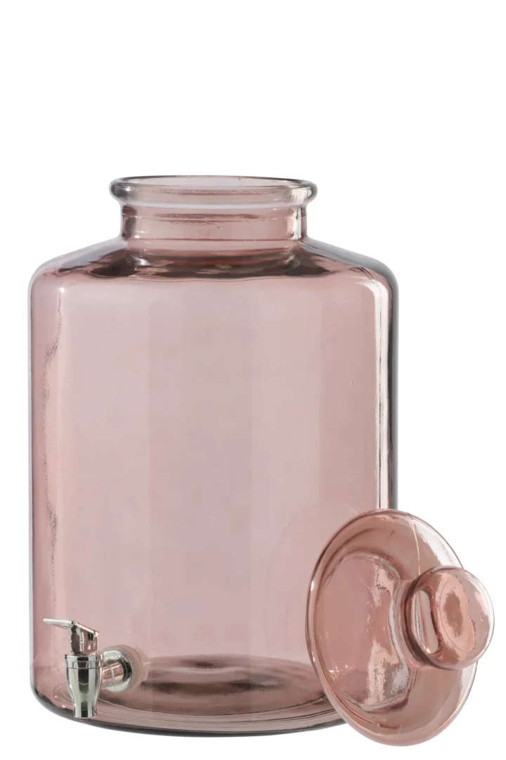 Jonden roze glazen drankendispenser met kraan en deksel, elegant en hoog model voor tafel of borrel