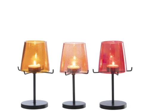 Waxinelichthouder Haubero glas oranje set van 3, met zwarte standaard en sfeervol kaarslicht