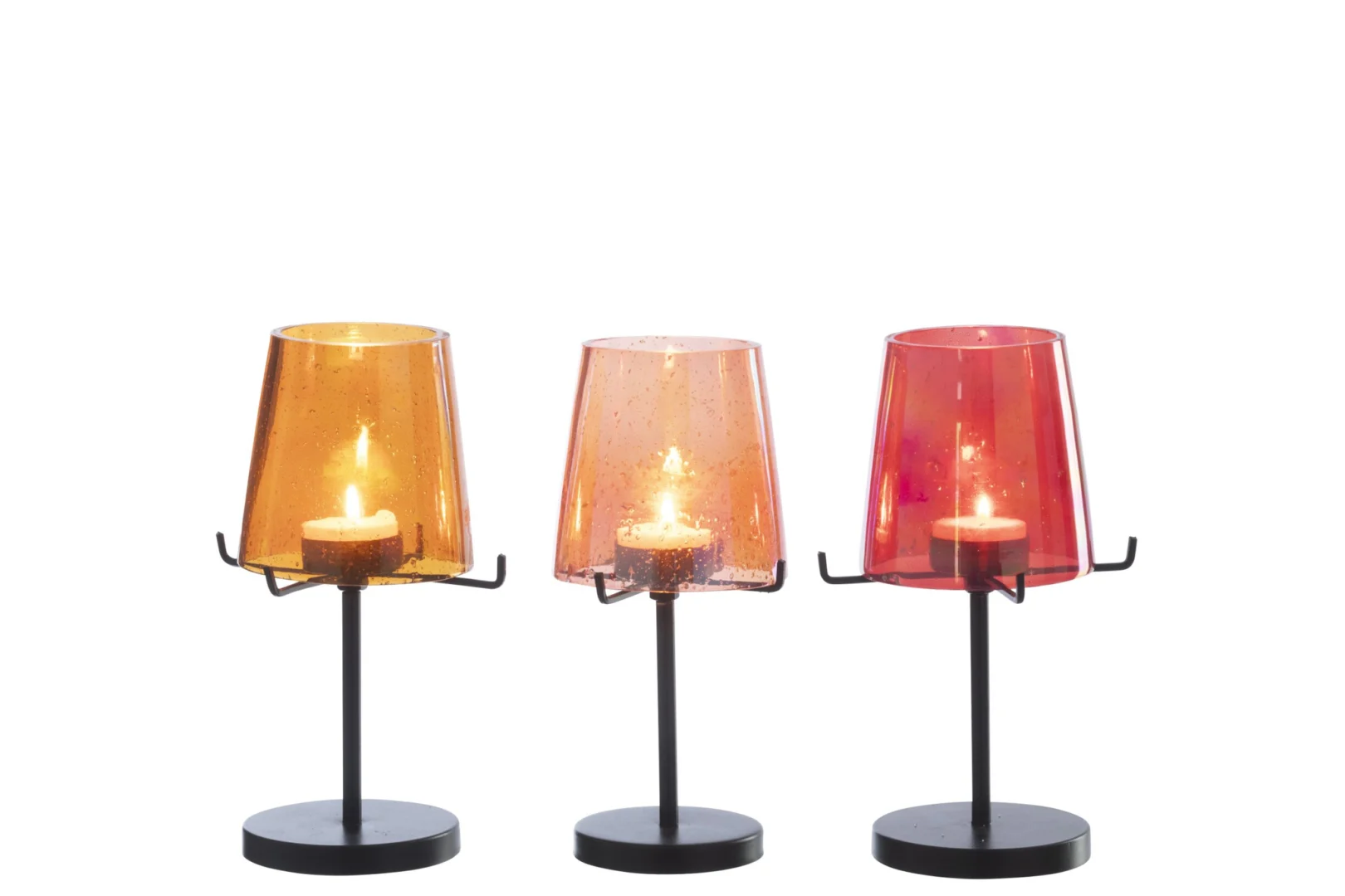 Waxinelichthouder Haubero glas oranje set van 3, met zwarte standaard en sfeervol kaarslicht
