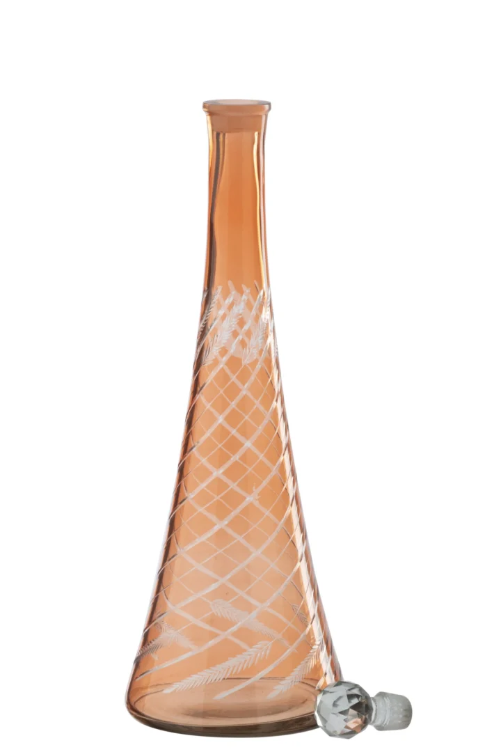 Karaf Baltund glas oranje met slanke hoge vorm en gegraveerd ruitpatroon