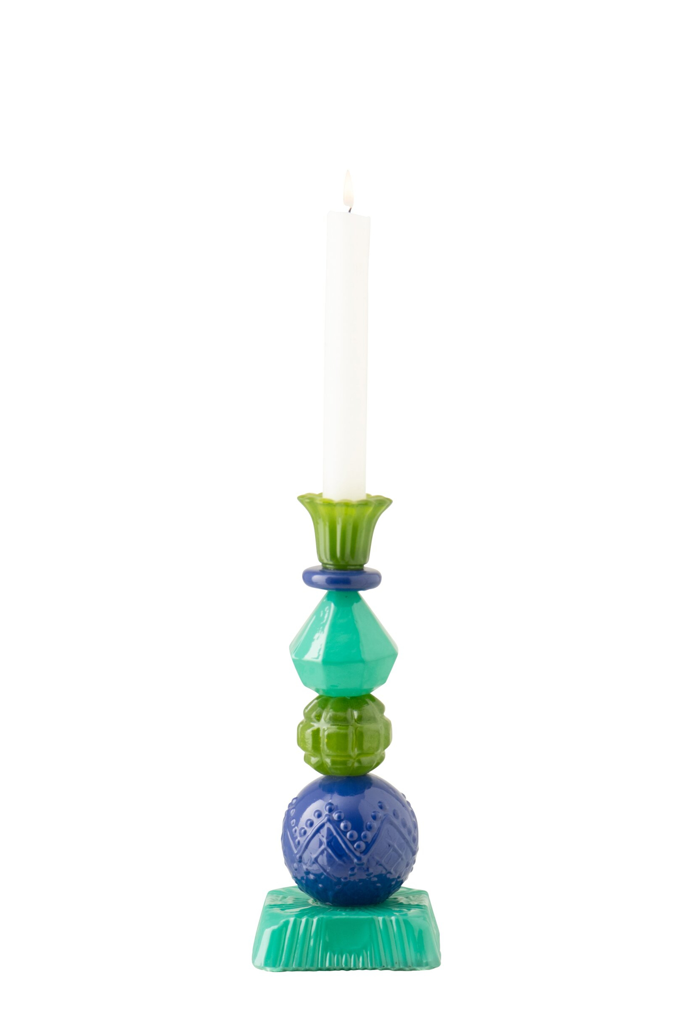 Vosta blauwe glazen kandelaar 23,5 cm met speelse gelaagde vormen en elegante, decoratieve uitstraling
