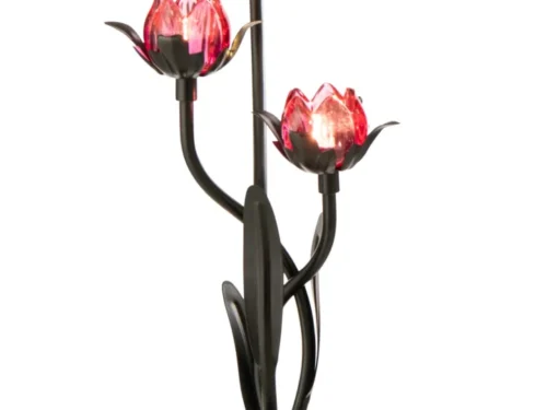 Tafellamp Haurrea zwart met drie roze bloemvormige LED-lampen en elegante metalen voet, H36,5 cm