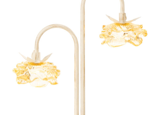 Tafellamp Faunsang Geel H37 cm met twee bloemen, geïntegreerde LED en lichte ijzer-glazen afwerking