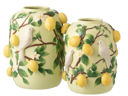 Groene keramieken vaas Rokel H40,5 cm met decoratieve print van citroenen en vogels