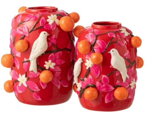 Vaas Cagliari keramiek roze met vogel- en sinaasappelmotief, decoratief en opvallend voor interieur