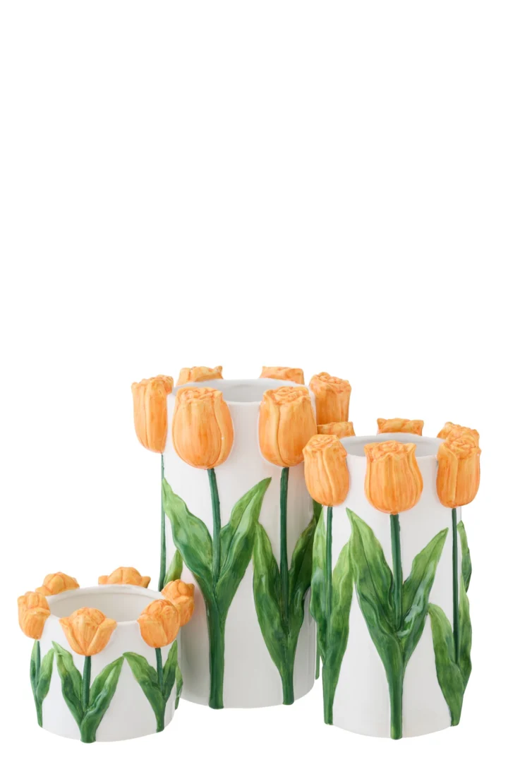Faardena witte keramieken tulpvaas met oranje tulpenaccenten en groene bladeren, set van drie formaten