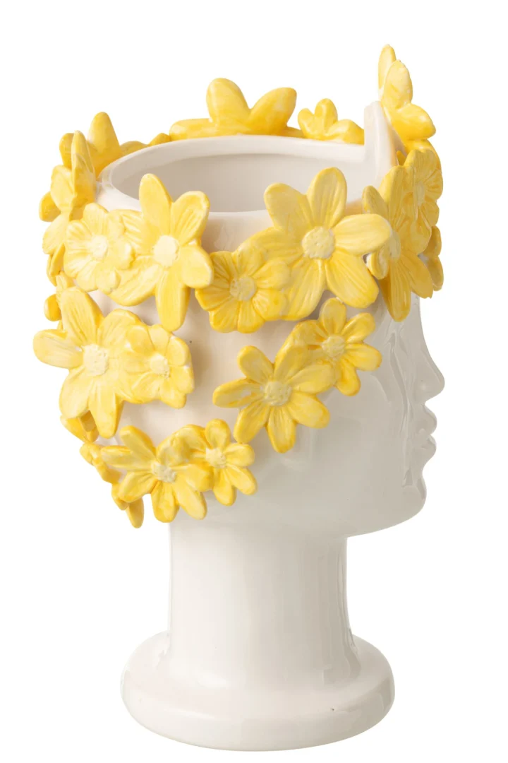 Slierno witte keramieken bloempot H24,5 cm met speelse gele bloemdecoratie en elegante vorm