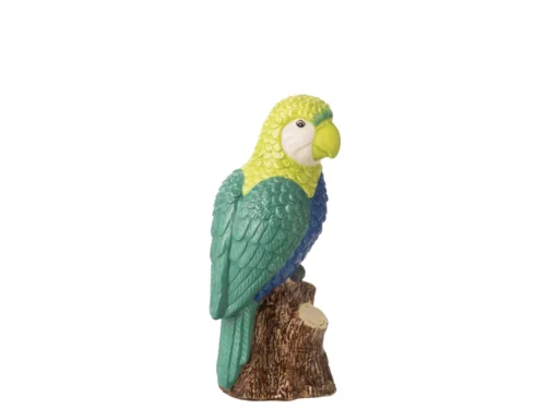 Skennir keramieken papegaai in groen en blauw op boomstronk, compact decoratiefiguur H12,5 cm