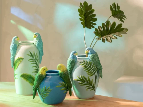 Decoratiefiguur Forea keramiek groen-blauw met papegaaienmotief, decoratieve vaas op tafel, H24 cm