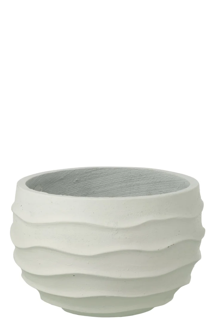 Bloempot Baantia Zand Wit H24,5 cm, ronde witte pot met stoere gelaagde structuur en brede opening
