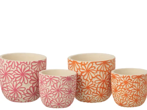 Bloempot Pilten roze terracotta set van 2, rond en compact, met bloemmotief voor kleine planten of kruiden