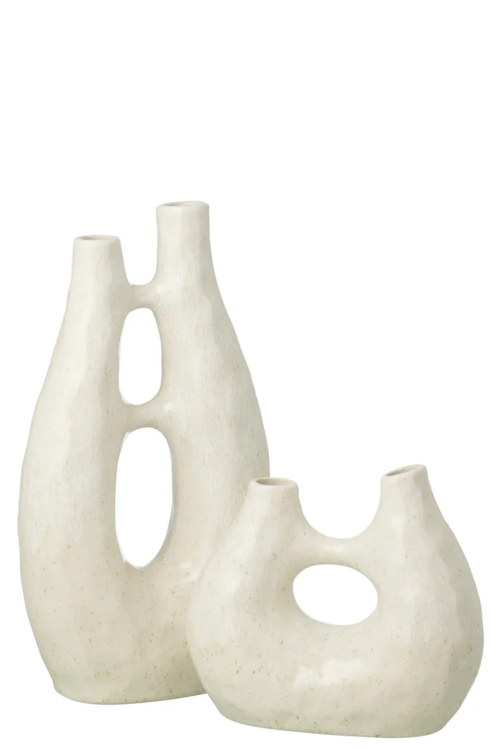 Vaas Lutea Steen Wit H41 cm, slank steengoed ontwerp met organische openingen en twee smalle halsopeningen