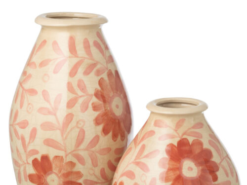 Vaas Kliebos Steen Oranje H43 cm met bloemmotief, rond en hoog steengoed woonaccessoire in warme tinten