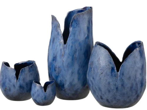 Blauwe Vaas Milu van klei en glazuur, hoge organische vorm, 46 cm, ambachtelijke look
