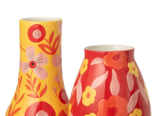 Vaas Brookine dolomiet meerkleurig, 34 cm, met handgeschilderde bloemenprint in geel en rood
