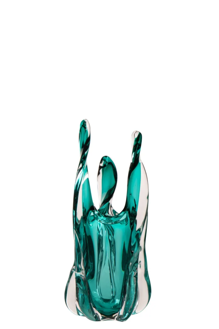 Vaas Jaules glas blauw, 38 cm hoog, met slanke vorm en organisch silhouet in turquoise glas