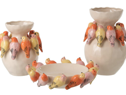 Vogelvaas Fleennil porselein, meerkleurig met speelse vogelrand, H32 cm