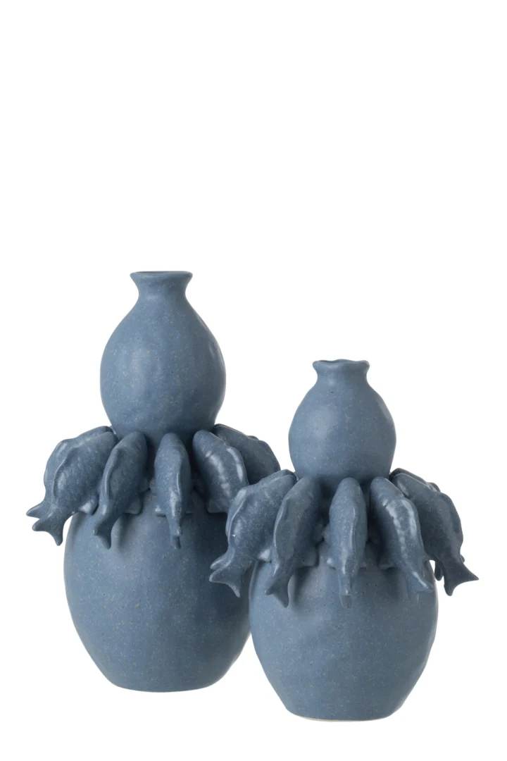 Vaas Poobi porselein blauw met visvorm, 45,5 cm hoog, speels statement voor interieur
