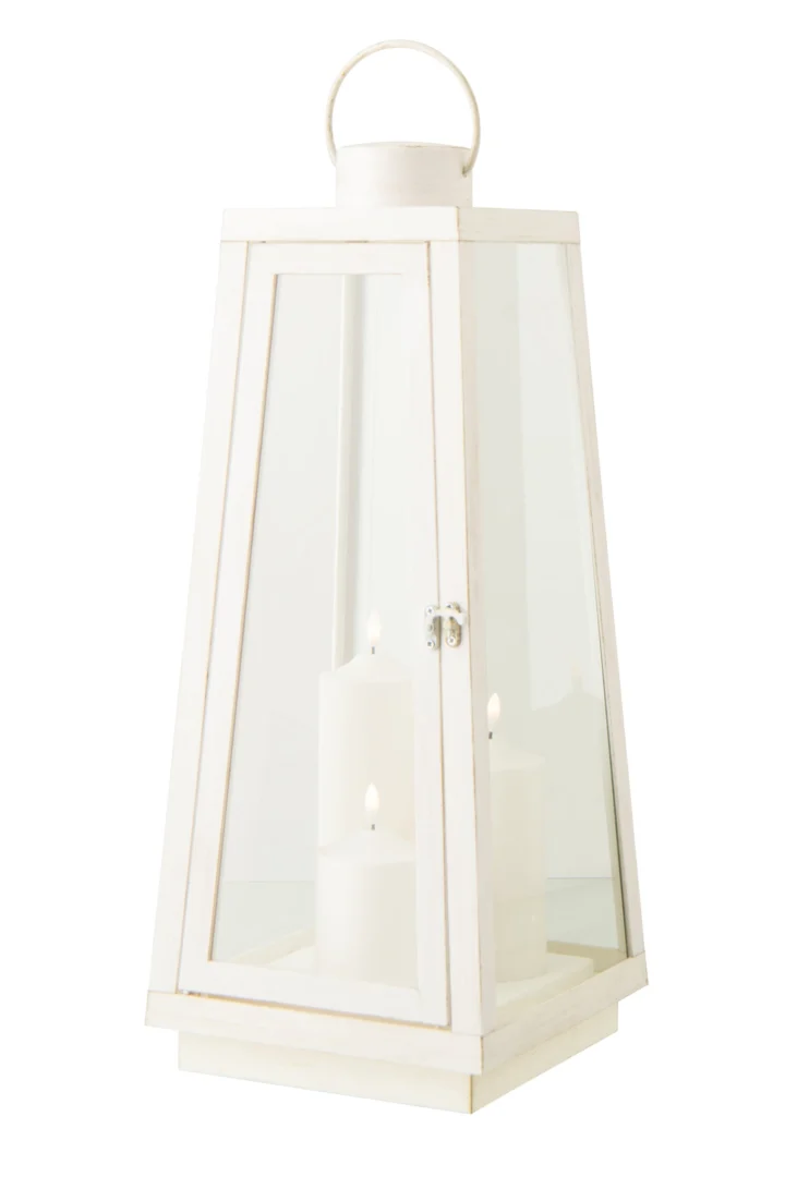 Windlicht Possira wit glas en metaal, hoog model met handgreep en strakke, sfeervolle uitstraling
