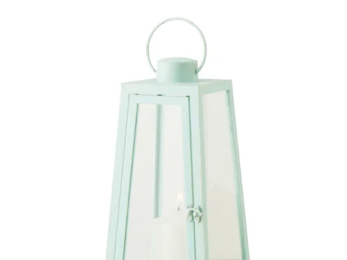 Windlicht Kerdy blauw glas en metaal, slank design met handgreep, H40,5 cm