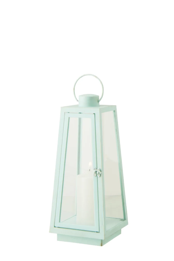 Windlicht Kerdy blauw glas en metaal, slank design met handgreep, H40,5 cm