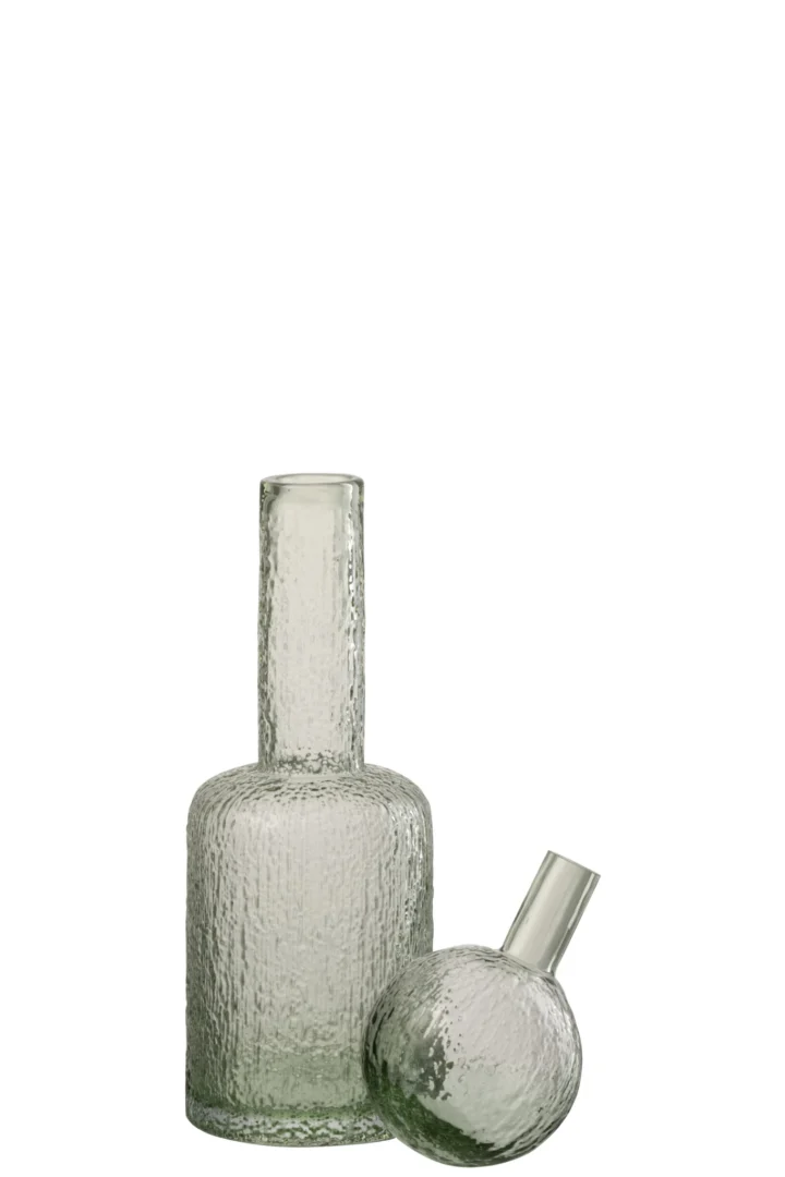 Decoratie Hormil Glas Groen: twee slanke decoratieve flessen van groen reliëfglas