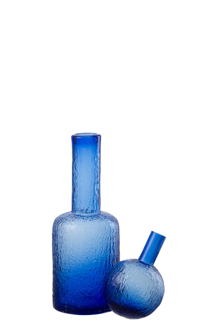 Decoratie Vega Glas Blauw: reliëfglas in slanke blauwe vorm, set van twee decoratieve flessen voor sfeervol interieur
