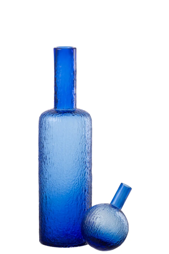 Decoratie Fermonte glas blauw met reliëf, hoge fles en ronde vaasdecoratie in diepblauw glas