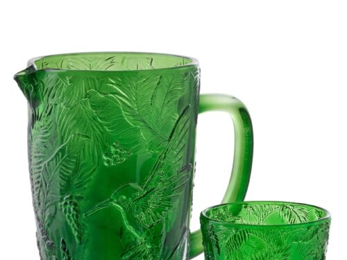 Karaf Flilvone glas groen met tropisch reliëf, stijlvol transparant ontwerp en bijpassende beker
