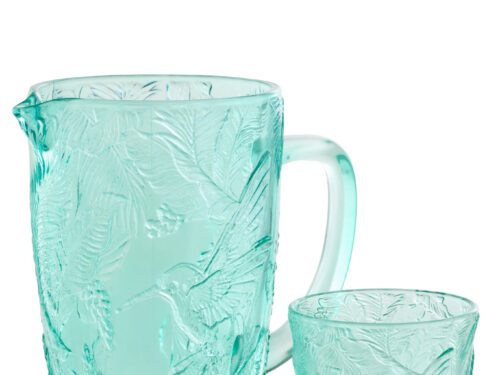 Karaf Skosel glas blauw met gegraveerd bladmotief en bijpassend glas, elegant en stevig design