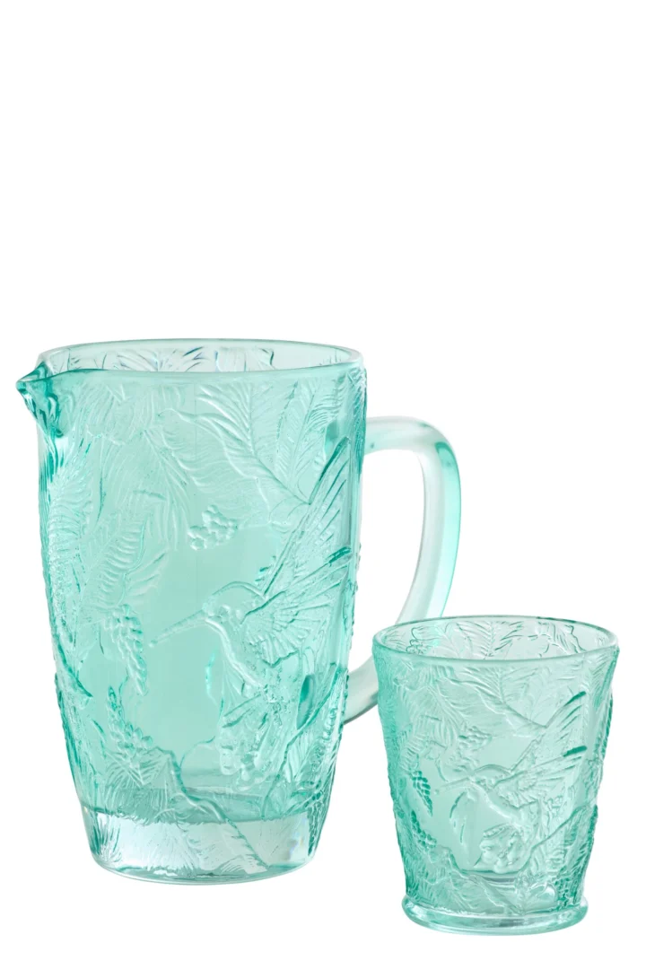 Karaf Skosel glas blauw met gegraveerd bladmotief en bijpassend glas, elegant en stevig design