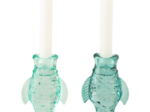 Poordero glazen kandelaar set van 2 in blauw, visvormig en helder, H17 cm