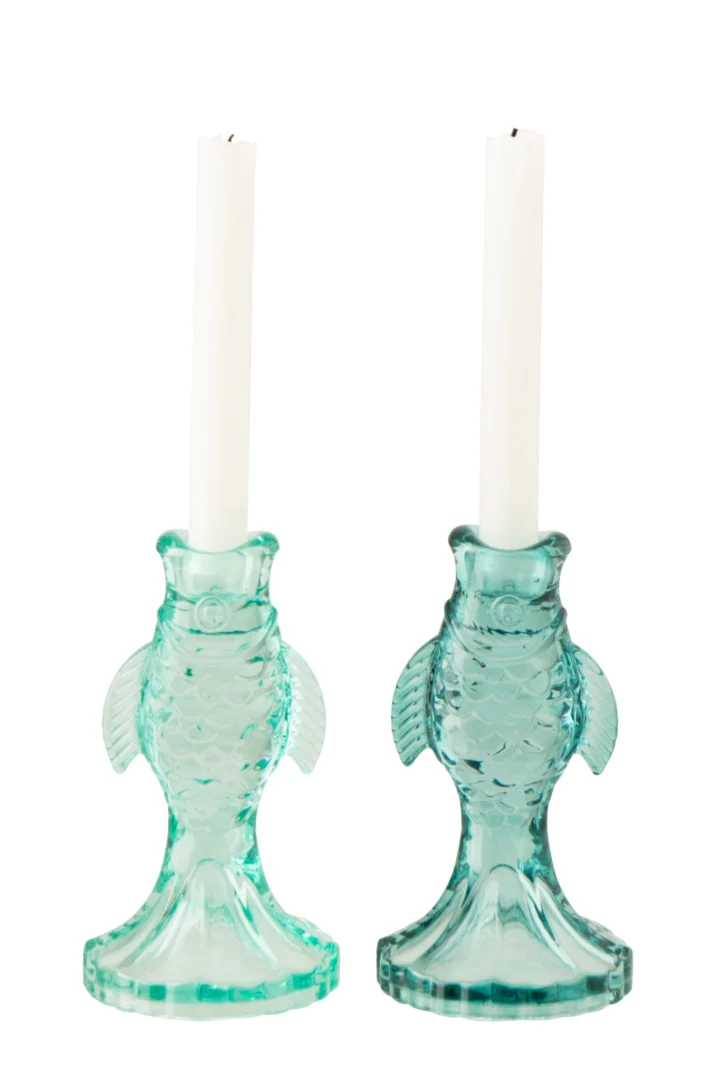 Poordero glazen kandelaar set van 2 in blauw, visvormig en helder, H17 cm