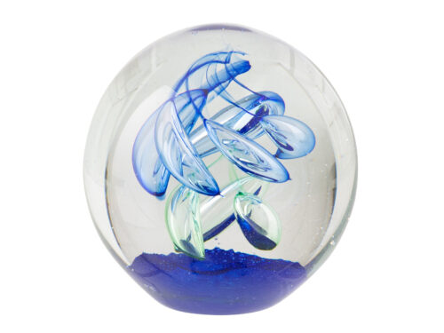 Vaurrona glazen presse-papier blauw, bolvormig woonaccessoire met decoratieve glazen swirls
