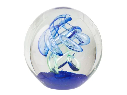 Vaurrona glazen presse-papier blauw, bolvormig woonaccessoire met decoratieve glazen swirls