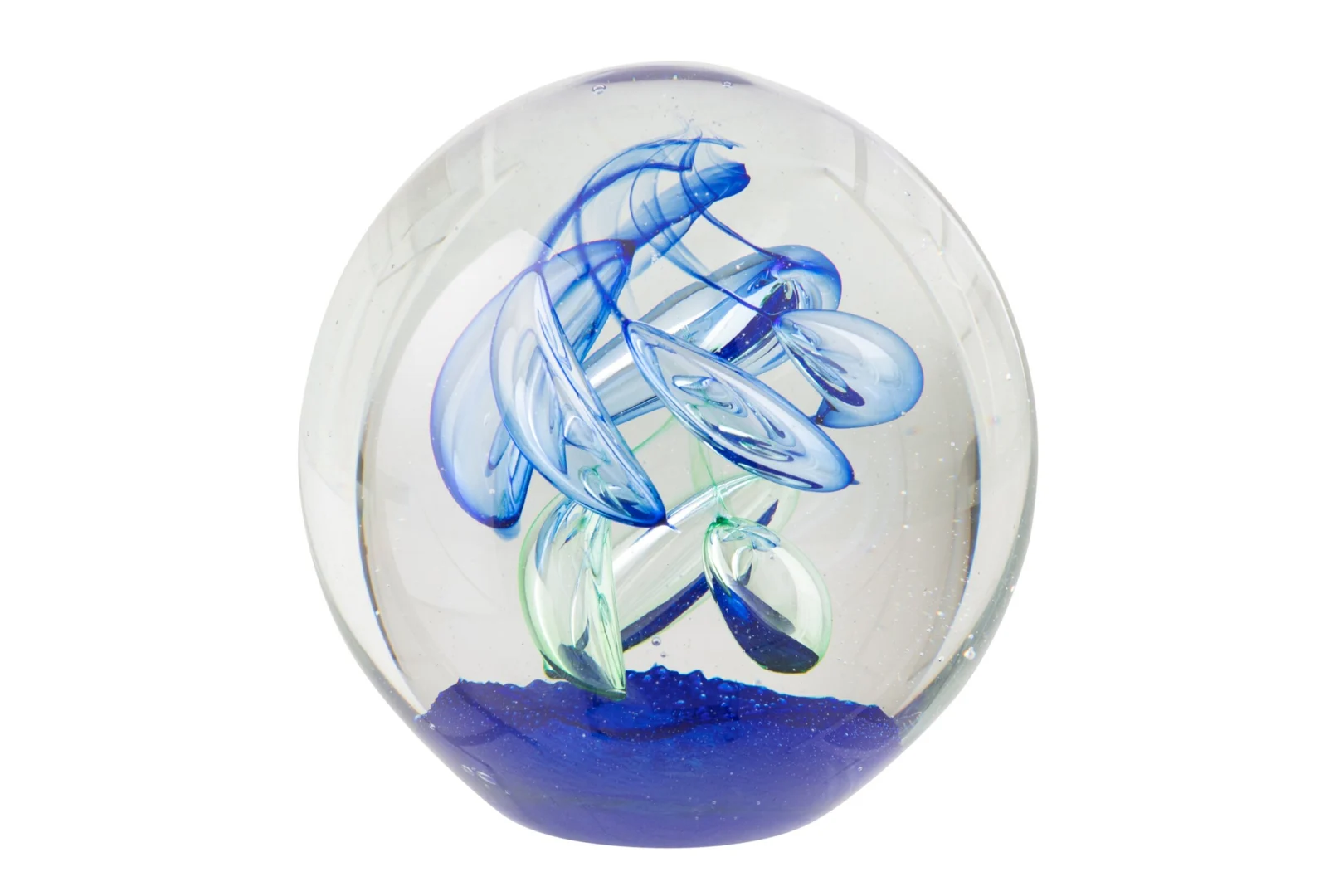 Vaurrona glazen presse-papier blauw, bolvormig woonaccessoire met decoratieve glazen swirls
