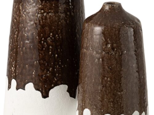 Set van 2 Vaas Steiltang klei wit H56 cm met bruine glazuurafwerking en rustige, verfijnde uitstraling