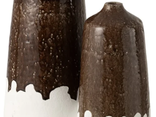 Set van 2 Vaas Steiltang klei wit H56 cm met bruine glazuurafwerking en rustige, verfijnde uitstraling