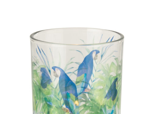Waxinelichthouder Stanello van blauw glas met tropische papegaaienprint, compact en sfeervol met zacht kaarslicht