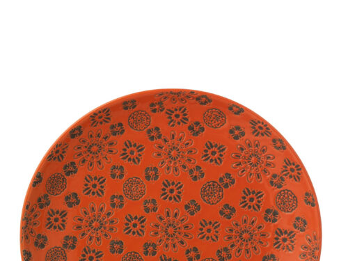 Rond oranje Storrund porseleinen dienblad met zwart bloemmotief, 37 cm
