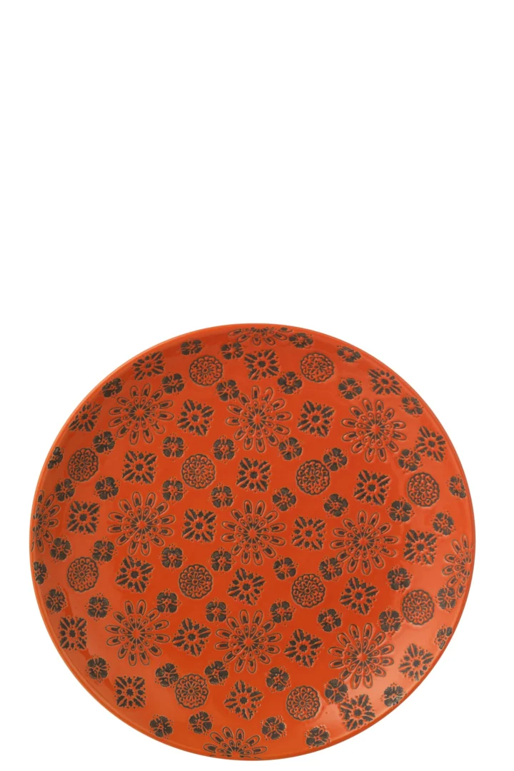 Rond oranje Storrund porseleinen dienblad met zwart bloemmotief, 37 cm