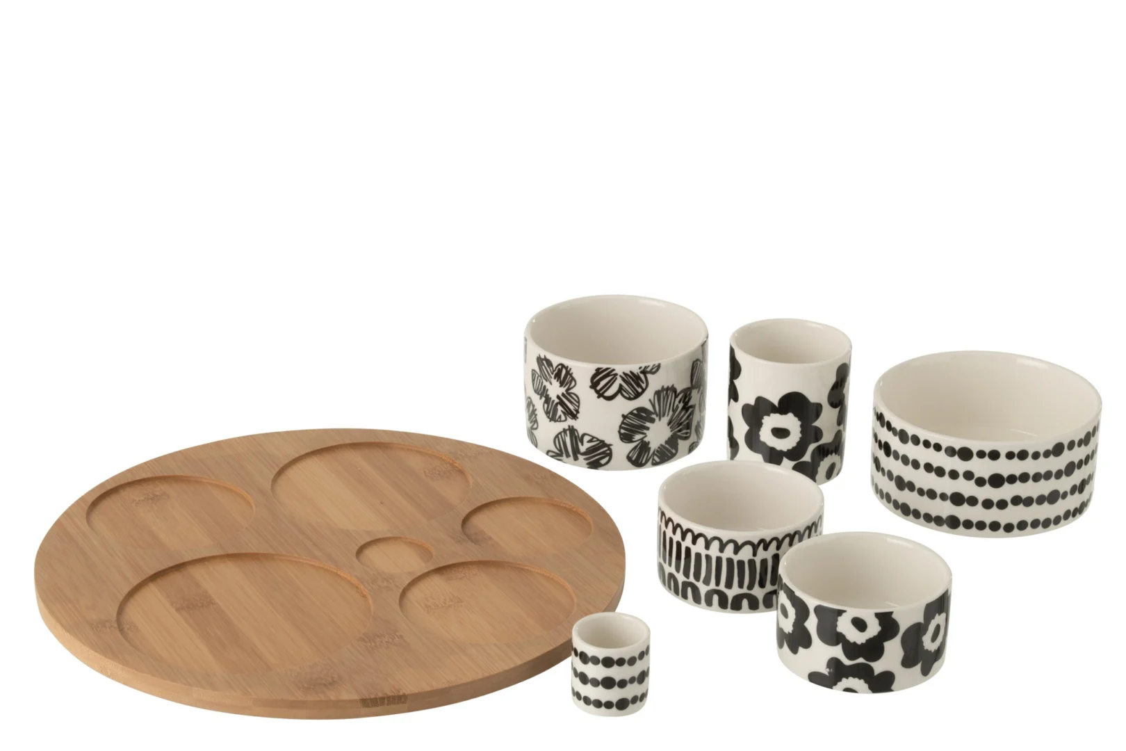 Woonaccessoire Kiedura wit keramiek met bamboe tray en zwart-witte bloemmotieven