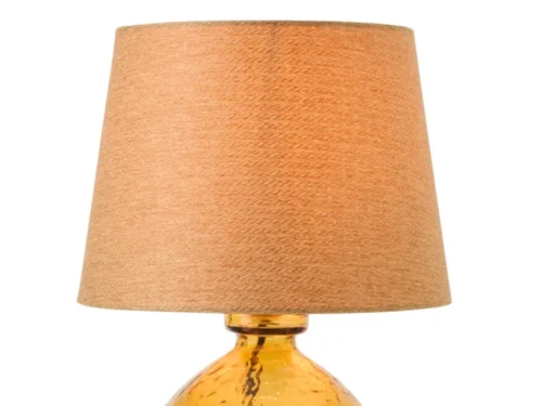 Tafellamp Greeno van okergeel glas met stoffen kap en snoerschakelaar, 32 cm hoog