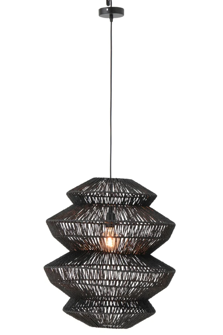 Plafondlamp Zeelund Zwart met open gevlochten papieren kap en zwarte metalen ophanging
