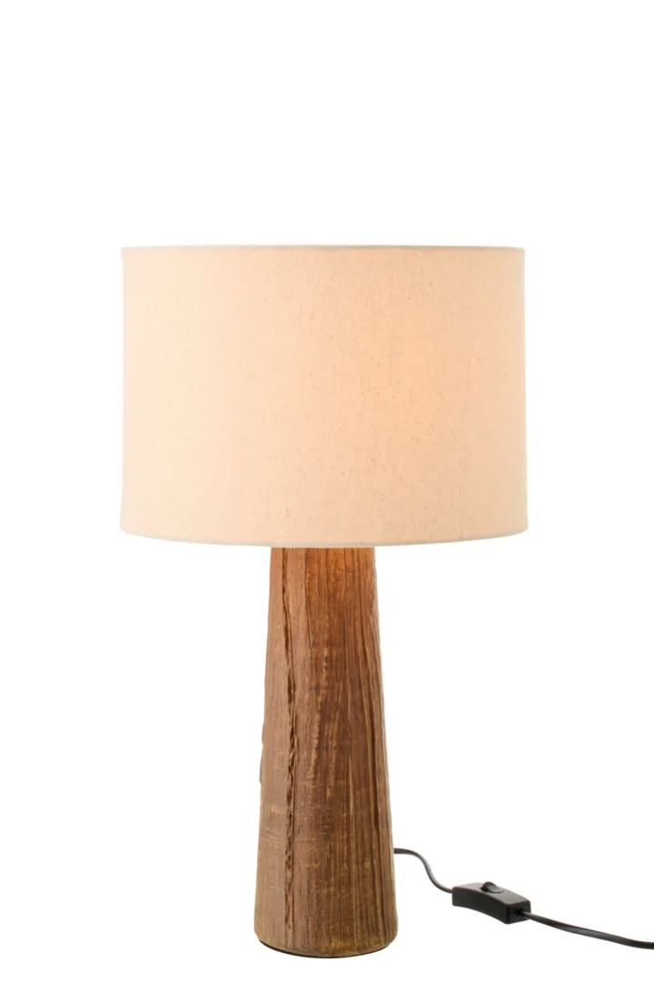Tafellamp Trulond keramiek H43 cm met beige kap en donkerbruine houten voet, warme sfeerverlichting