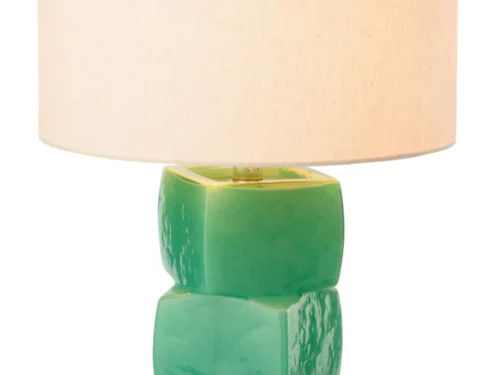 Tafellamp Flooltu van groen glas met linnen kap, elegante sfeerlamp voor dressoir of nachtkastje, H62 cm